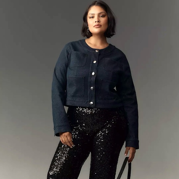 Anthropologie Maeve Cora Patch Pocket Jacket Sparkle Denim Edition - Picture 12 of 12